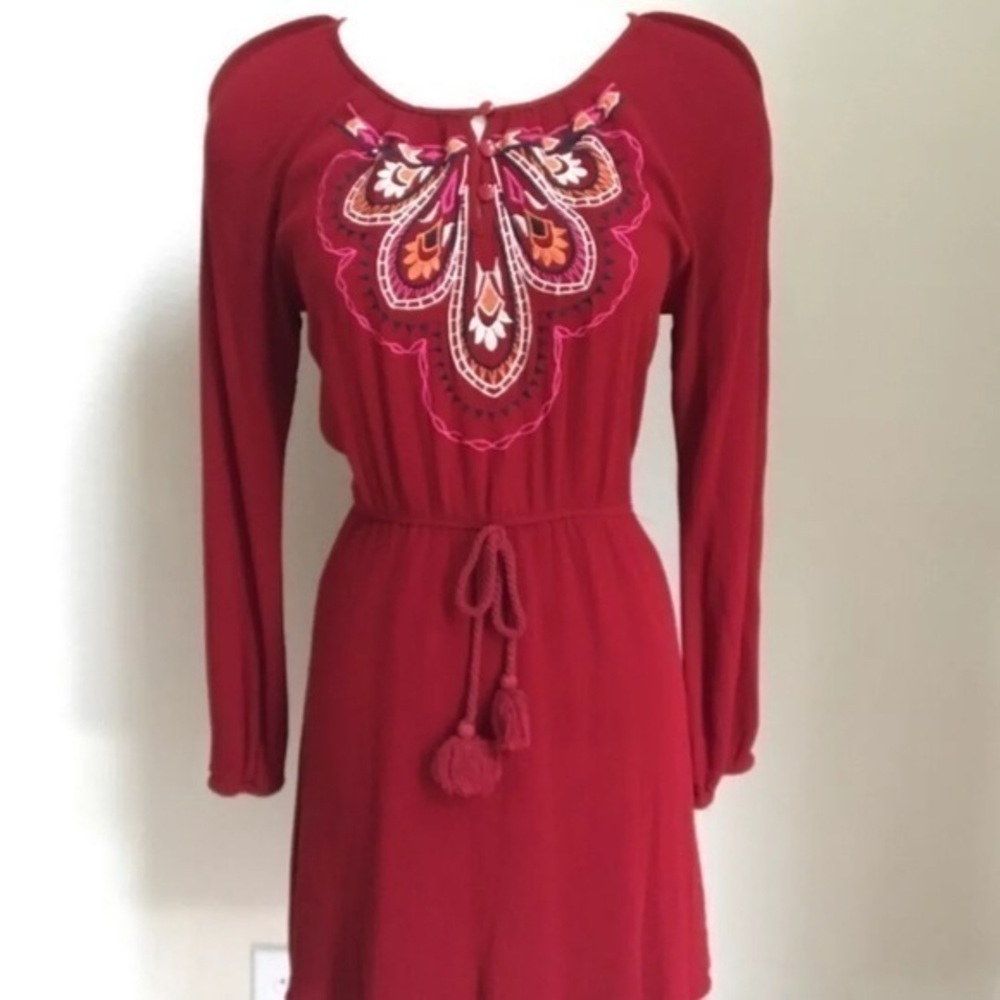 Anthropologie Flying Tomato Boho Embroidered Red Mini Dress Small